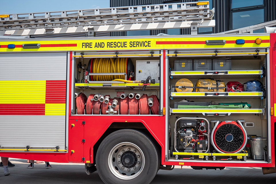 Open side of a UK fire engine.