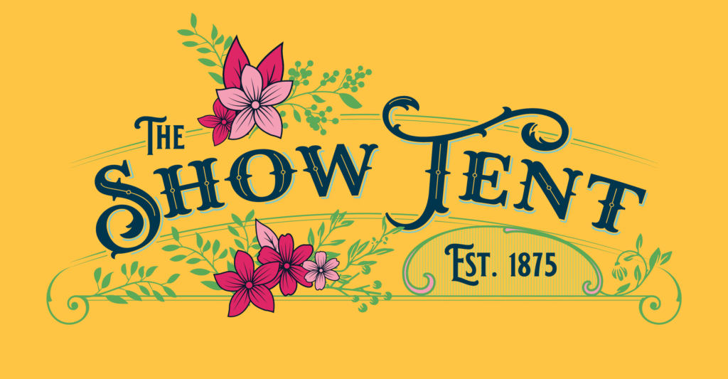 Decorative logo for The Show Tent at Parbold Village Show, featuring ornate lettering, floral illustrations, and the text “Est. 1875” on a yellow background.
