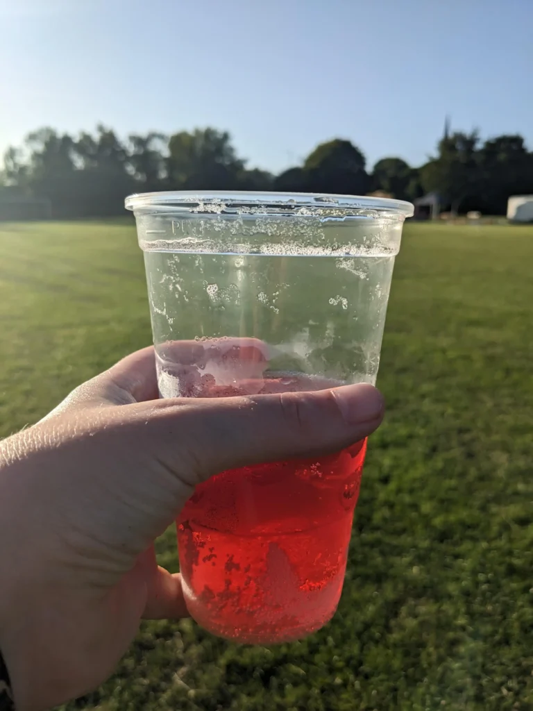 Close-up of a plastic cup filled with fizzy red drink held against a sunny field backdrop at the Parbold Village Show Friday Night Disco 2025.