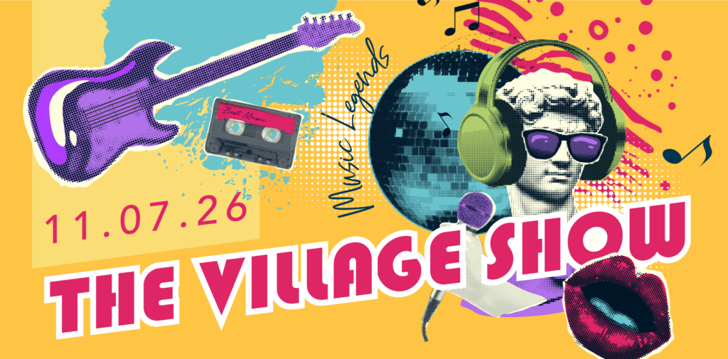 Colourful illustrated banner for the Parbold Village Show featuring a Music Legends theme, with a classical statue wearing headphones, a purple electric guitar, cassette tape, microphone and bold text reading ‘The Village Show’ and the date 11.07.26.